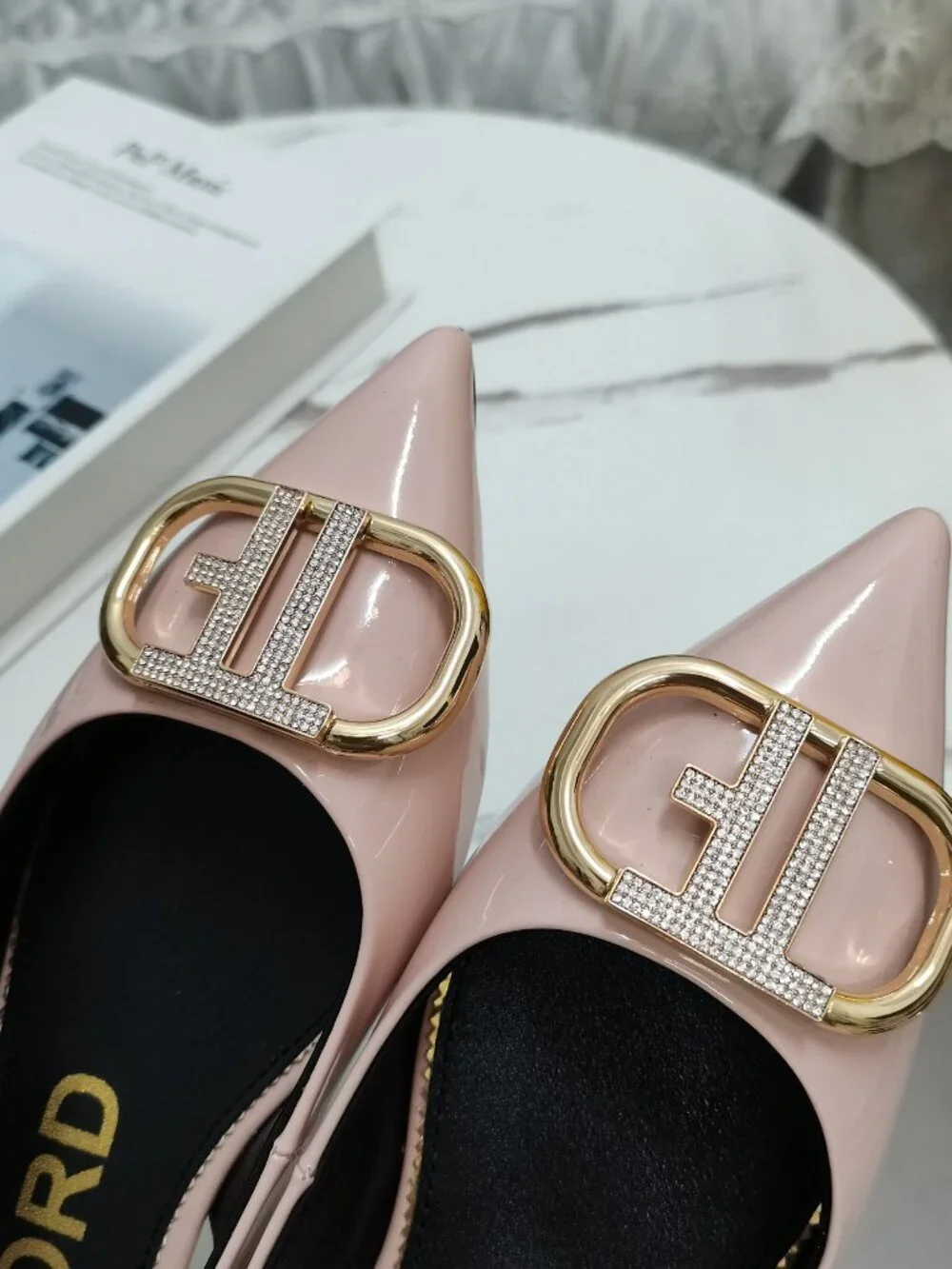 Tom Ford Nude Pink Rhinestone TF-Logo Pointed-Toe Flats